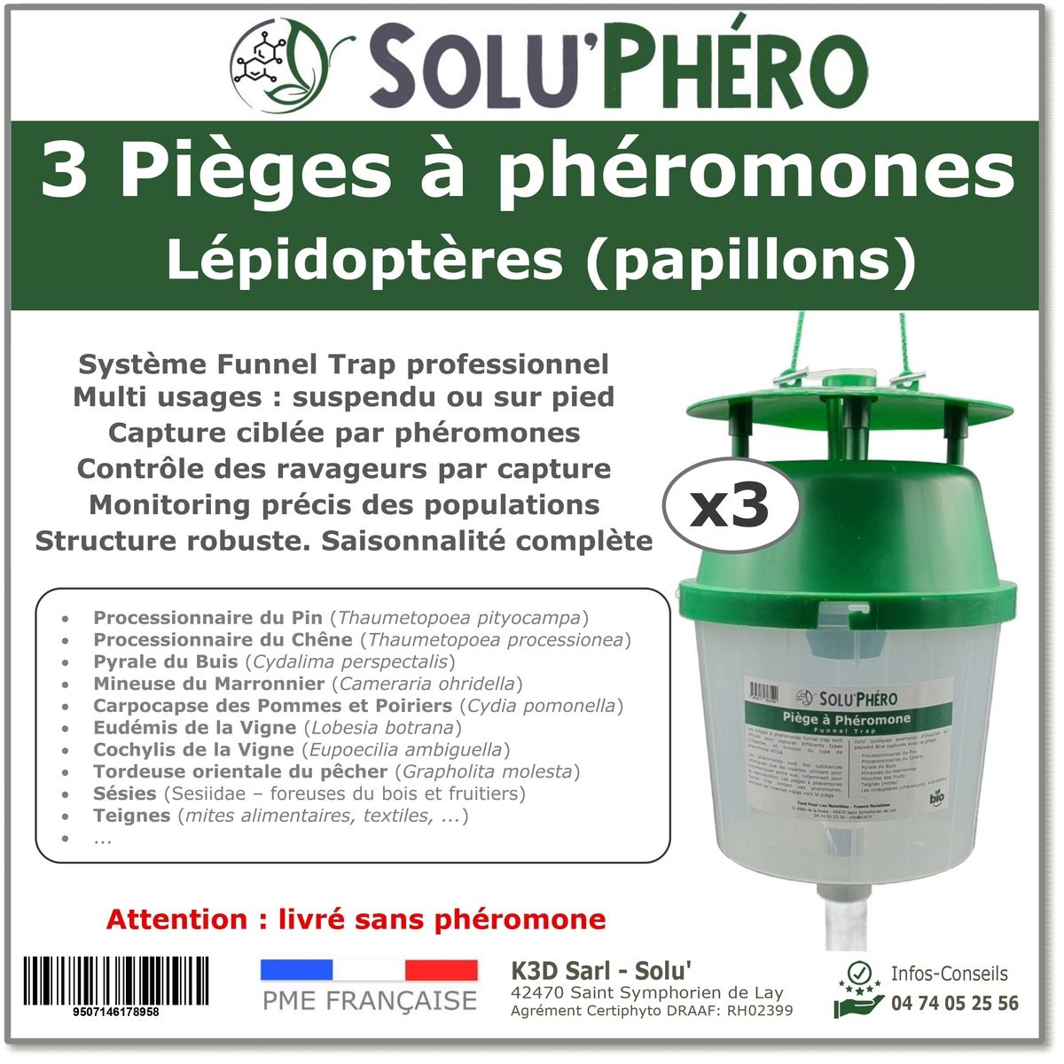 SOLUPHERO - Piège Professionnel à Phéromone Funnel Trap pour papillon (pyrale du buis, processionnaire ...) sans phéromone