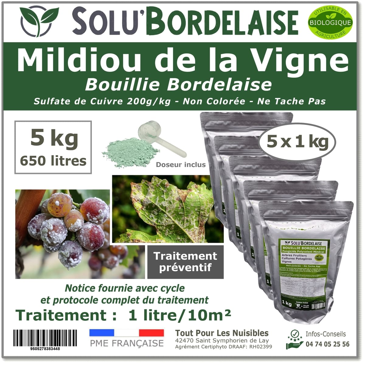 Bouillie Bordelaise Non Colorée spécial Mildiou de la vigne, SOLU