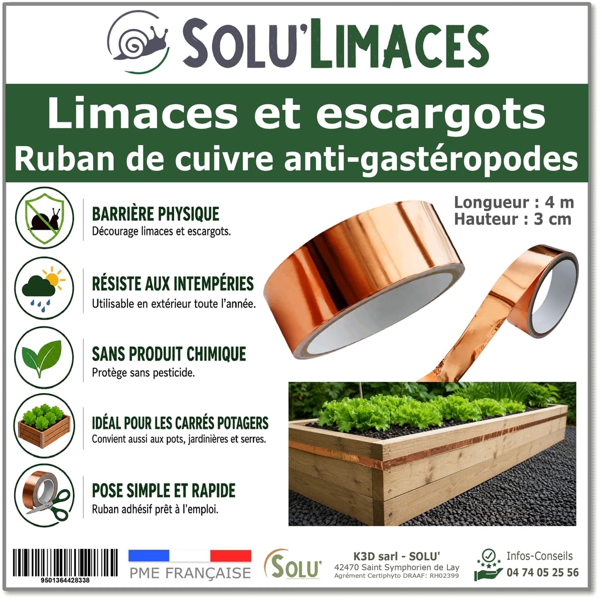 Ruban de Cuivre Anti-Limaces et Escargots – Barrière Physique pour Salades et Jeunes Plants, SOLU