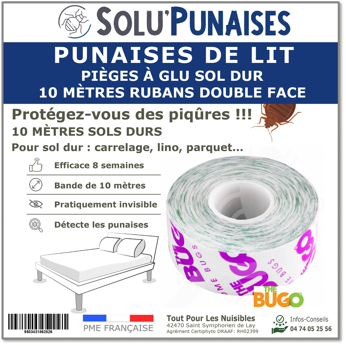 Ruban adhésif pour la détection et le piégeage des punaises de lit, BUGO TAPE - 10m