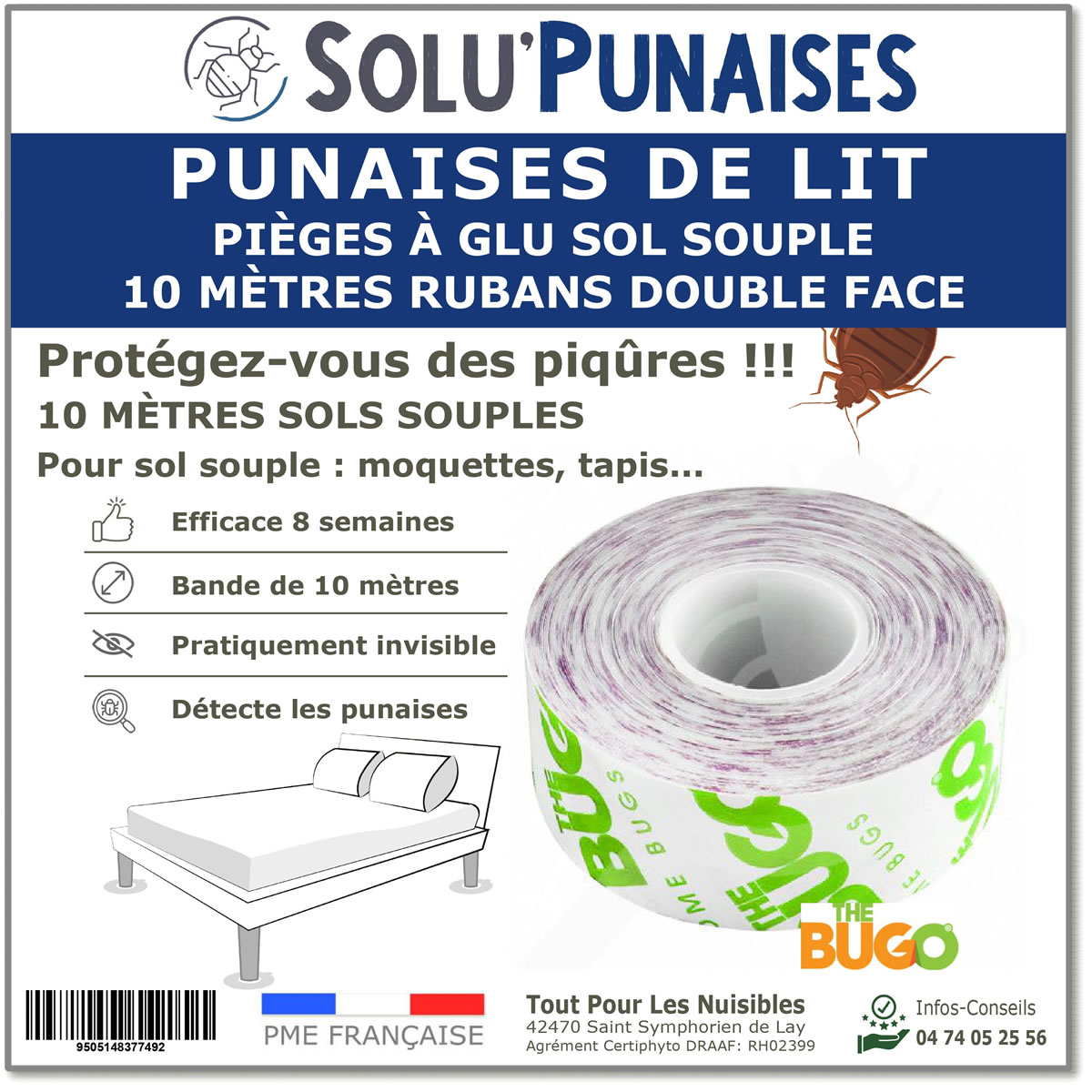 Ruban adhésif pour la détection et le piégeage des punaises de lit, BUGO TAPE - 10m