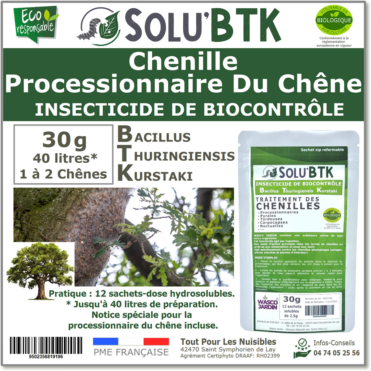 Insecticide BTK de biocontrôle contre les chenilles de la processionnaire du chêne, SOLU