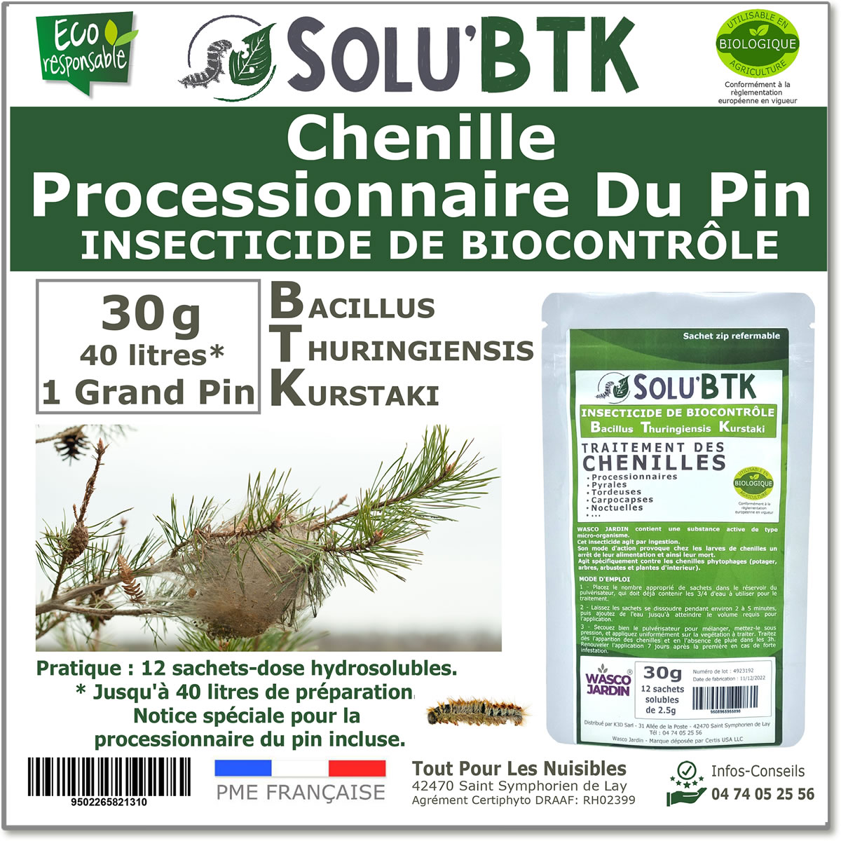 Insecticide BTK de biocontrôle contre les chenilles de la processionnaire du Pin, SOLU