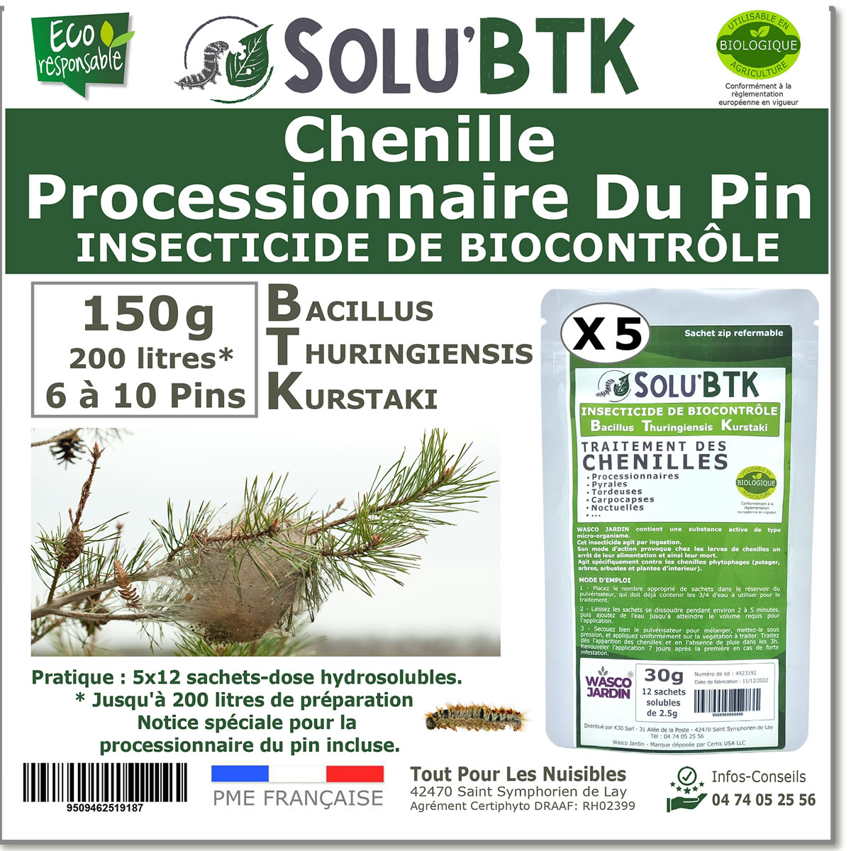 Insecticide BTK de biocontrôle contre les chenilles de la processionnaire du Pin, SOLU