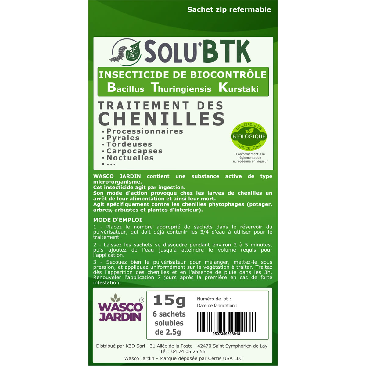 Insecticide BTK de biocontrôle contre les chenilles phytophages, SOLU