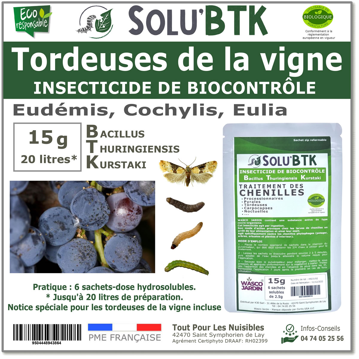 Insecticide BTK de biocontrôle contre les tordeuses des vignes (Eudémis, Cochylis, Eulia), SOLU