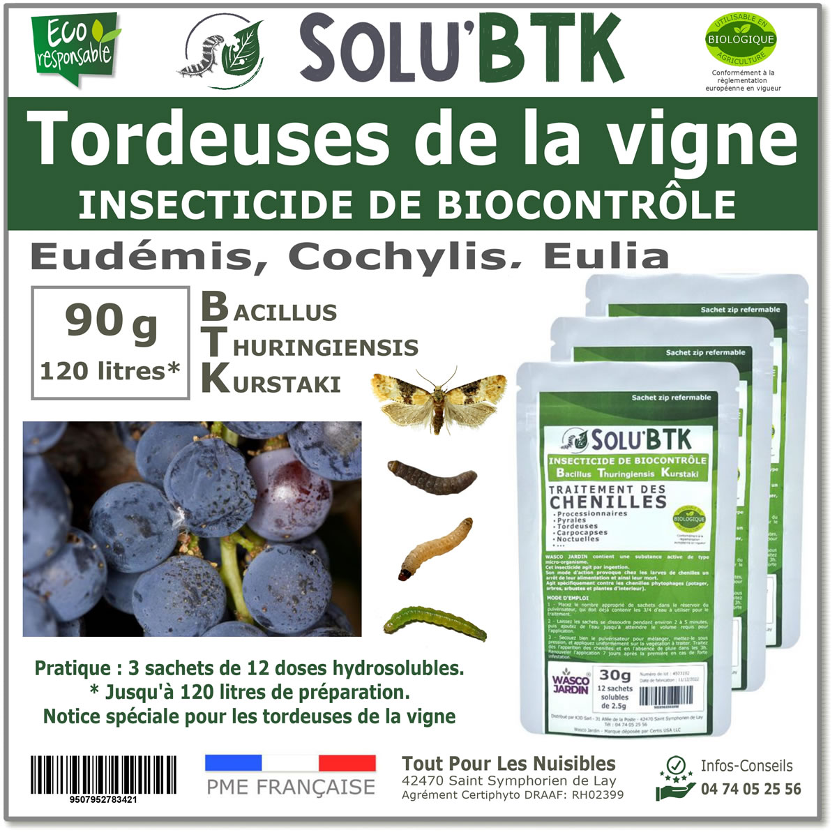 Insecticide BTK de biocontrôle contre les tordeuses des vignes (Eudémis, Cochylis, Eulia), SOLU