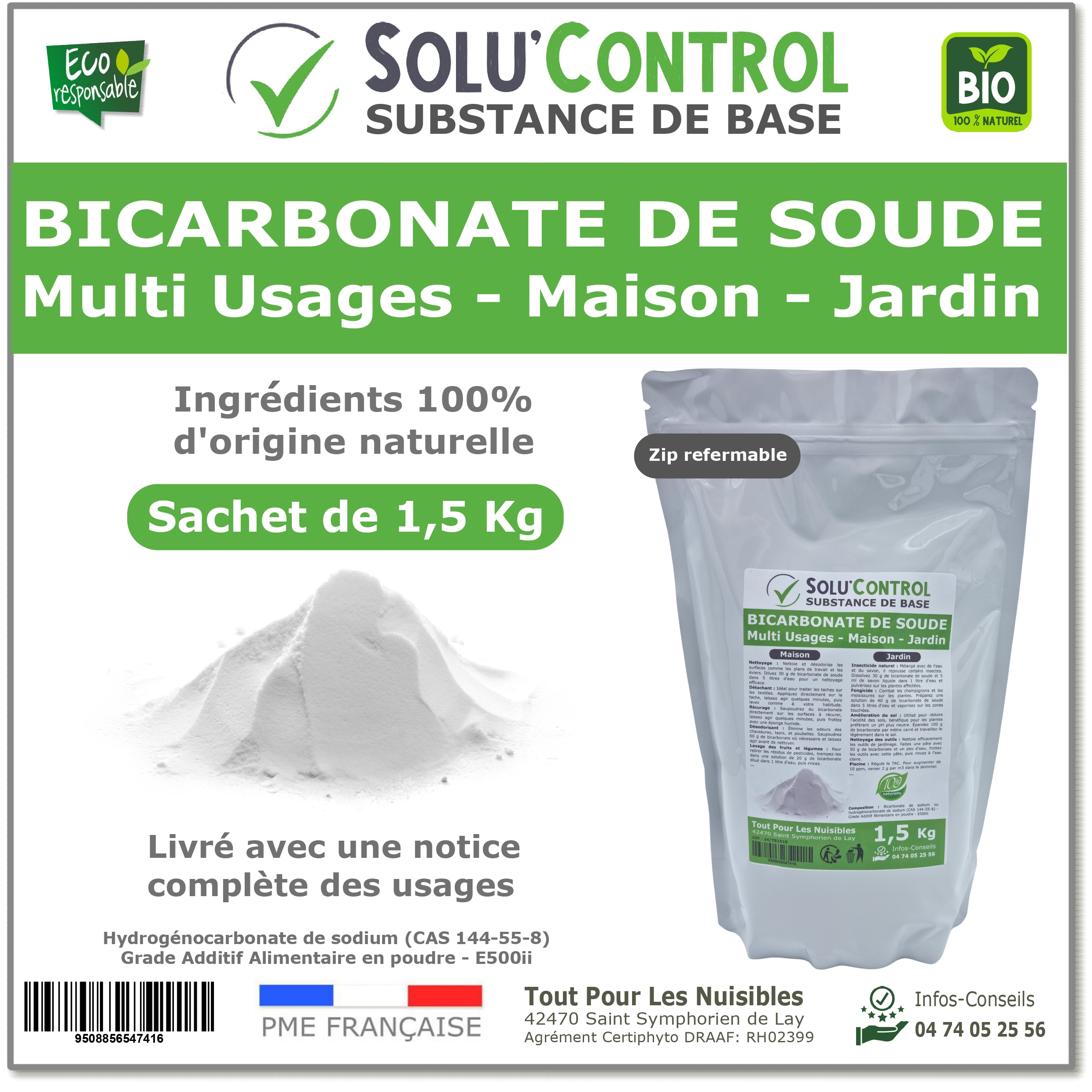 Bicarbonate de Soude Multi Usages, Maison et Jardin, 100% Naturel, SOLU