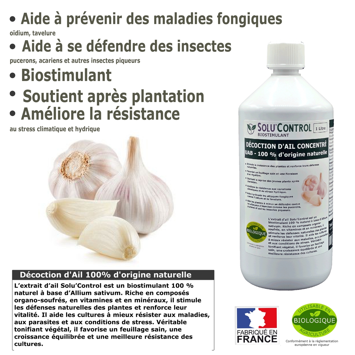 Décoction d’Ail Solu’Control – Concentré UAB – Biostimulant Naturel – Aide à Prévenir les Maladies Fongiques et contre Insectes Piqueurs