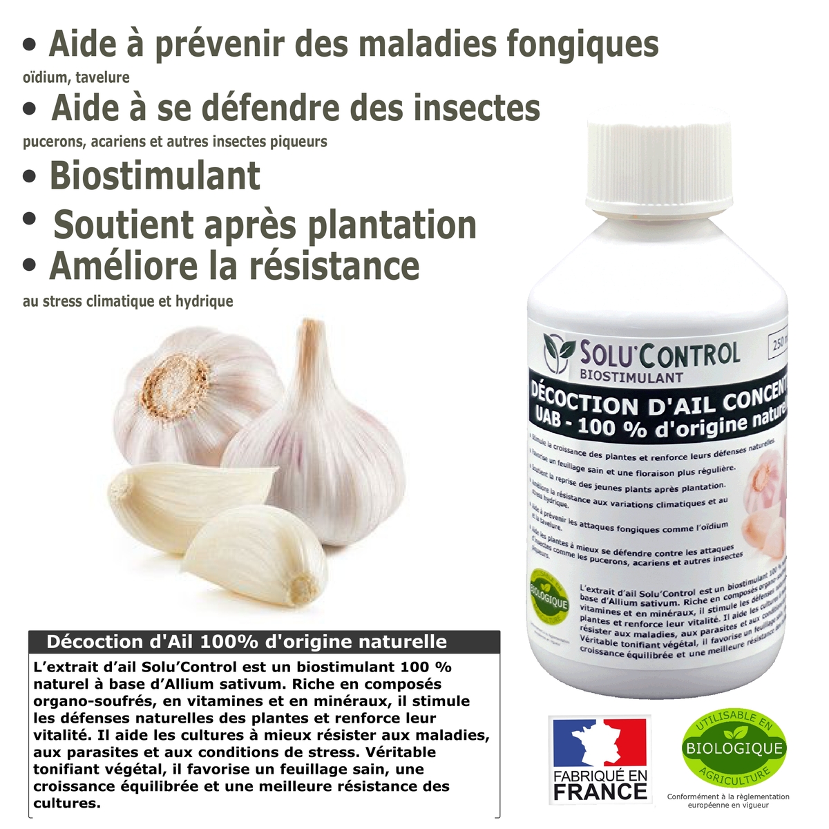 Décoction d’Ail Solu’Control – Concentré UAB – Biostimulant Naturel – Aide à Prévenir les Maladies Fongiques et contre Insectes Piqueurs