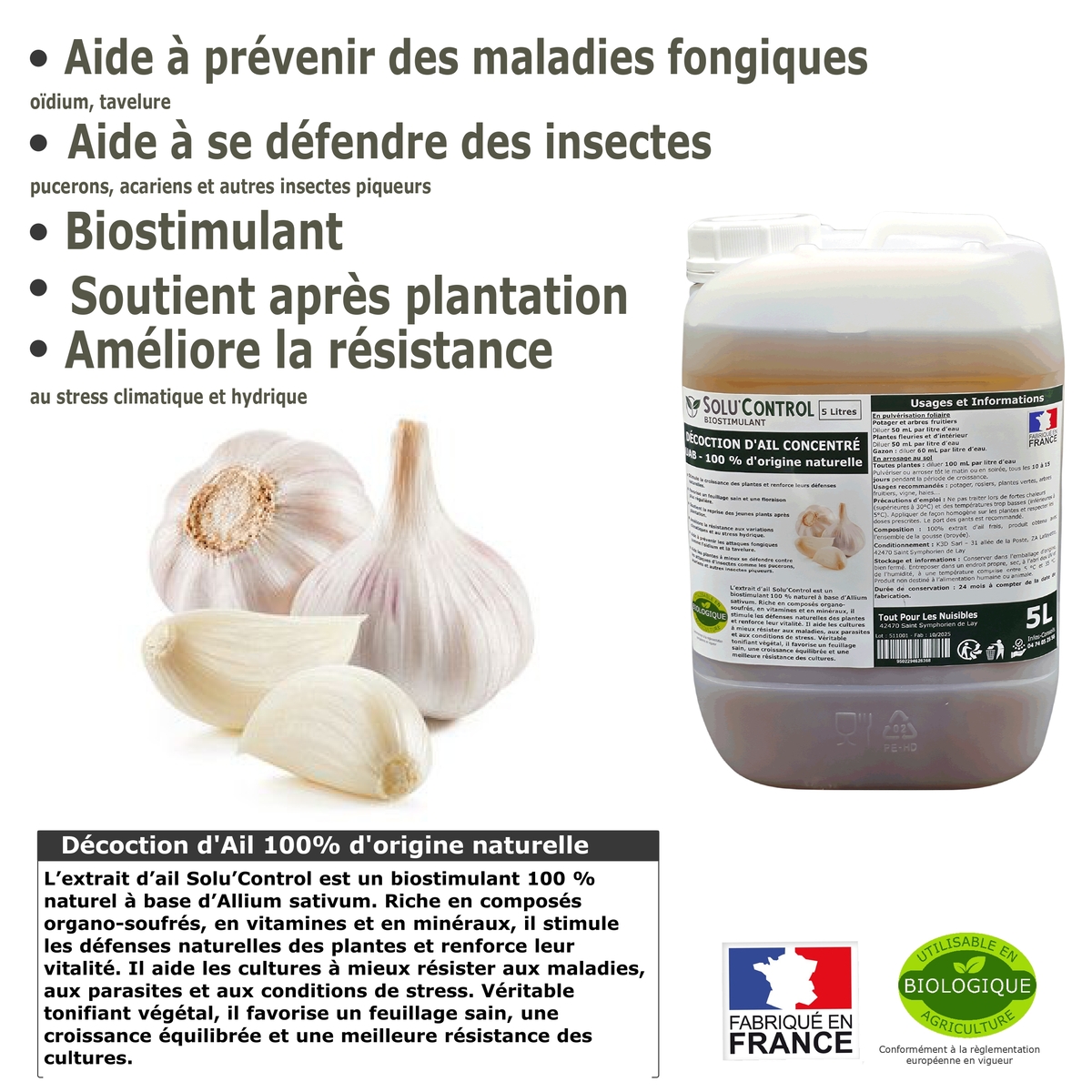 Décoction d’Ail Solu’Control – Concentré UAB – Biostimulant Naturel – Aide à Prévenir les Maladies Fongiques et contre Insectes Piqueurs