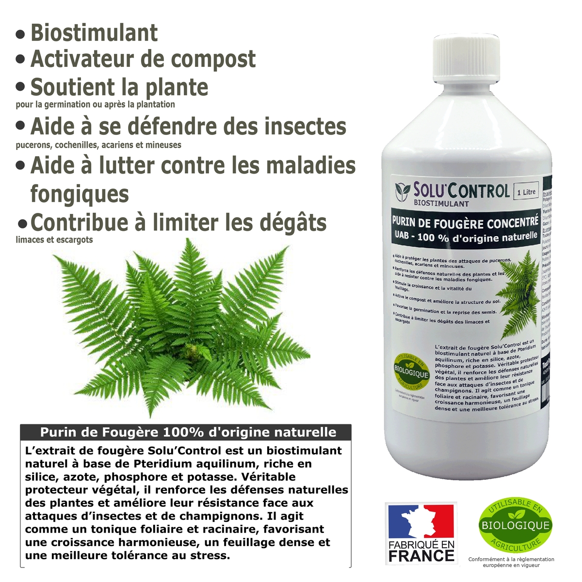Purin de Fougère Solu’Control – Concentré UAB – Biostimulant Naturel – Aide à Se Défendre des Insectes & Maladies Fongiques