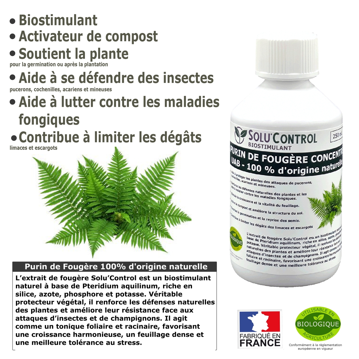 Purin de Fougère Solu’Control – Concentré UAB – Biostimulant Naturel – Aide à Se Défendre des Insectes & Maladies Fongiques