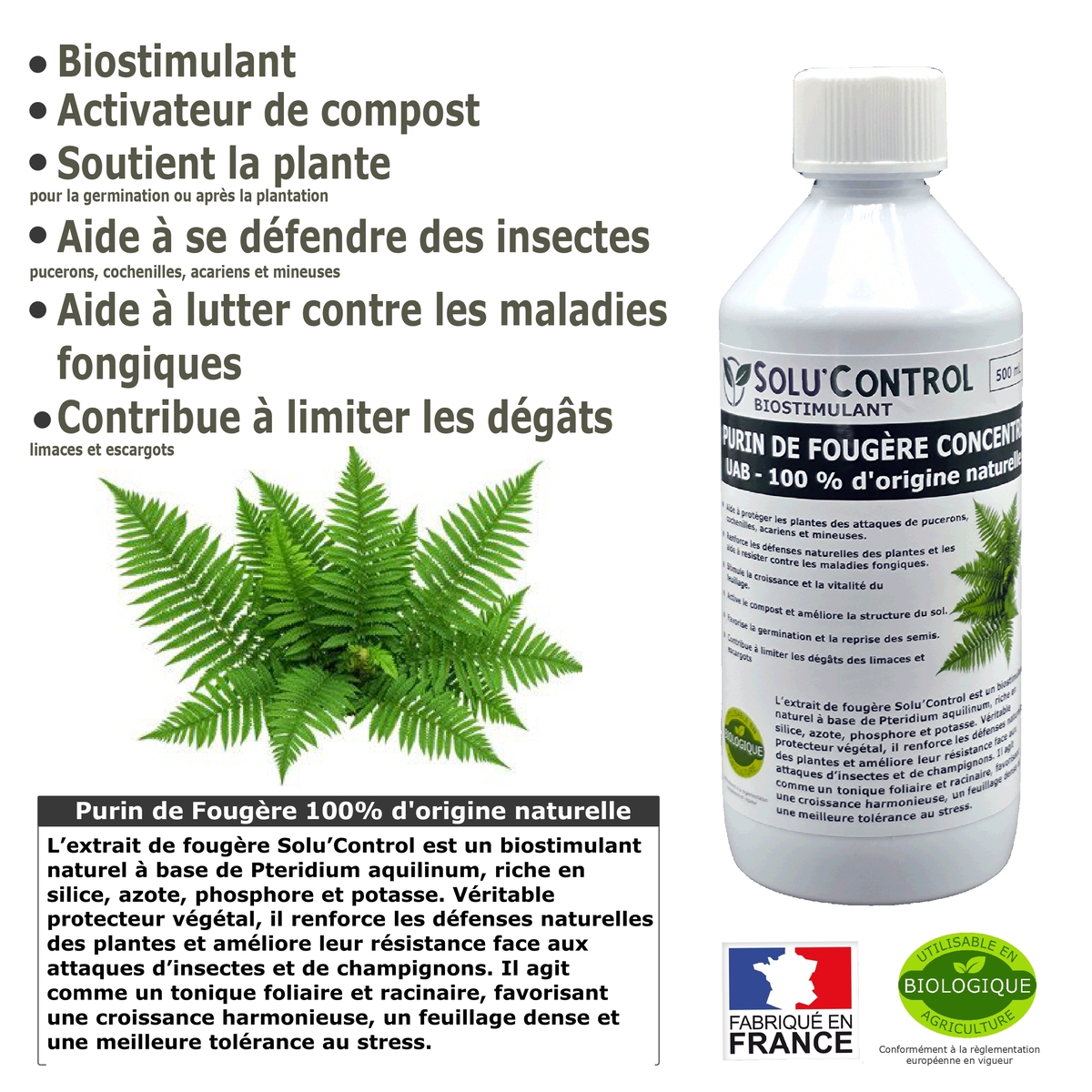 Purin de Fougère Solu’Control – Concentré UAB – Biostimulant Naturel – Aide à Se Défendre des Insectes & Maladies Fongiques