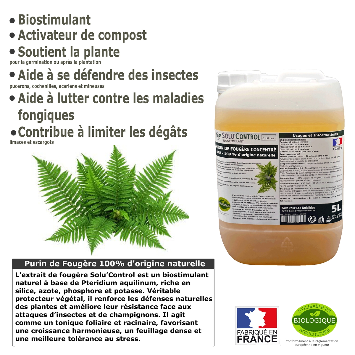 Purin de Fougère Solu’Control – Concentré UAB – Biostimulant Naturel – Aide à Se Défendre des Insectes & Maladies Fongiques