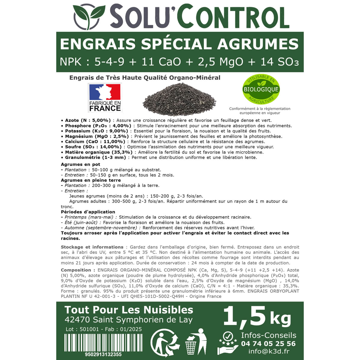 Engrais Spécial Agrumes- SoluControl - Formulation haute qualité Organo-Minerale