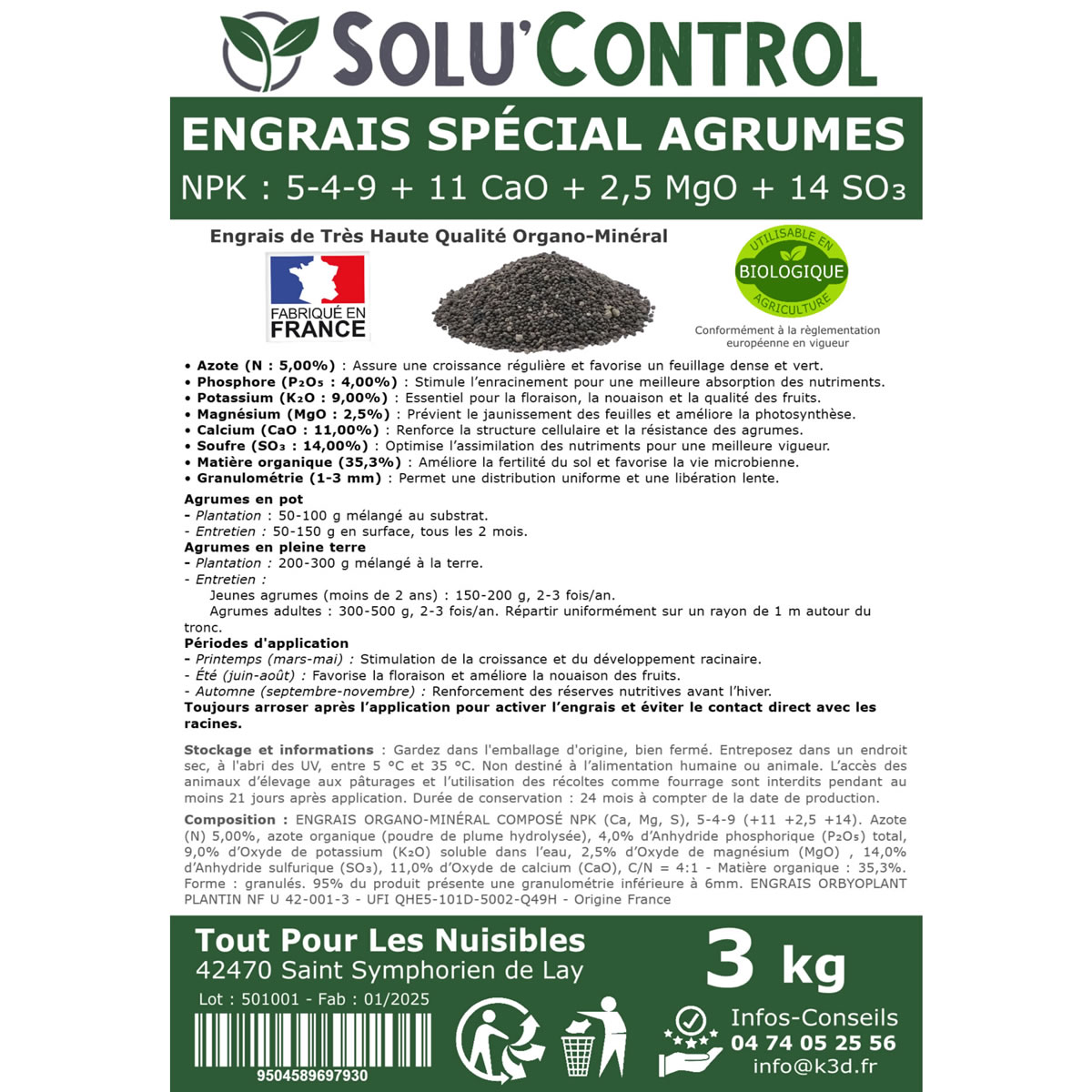 Engrais Spécial Agrumes- SoluControl - Formulation haute qualité Organo-Minerale