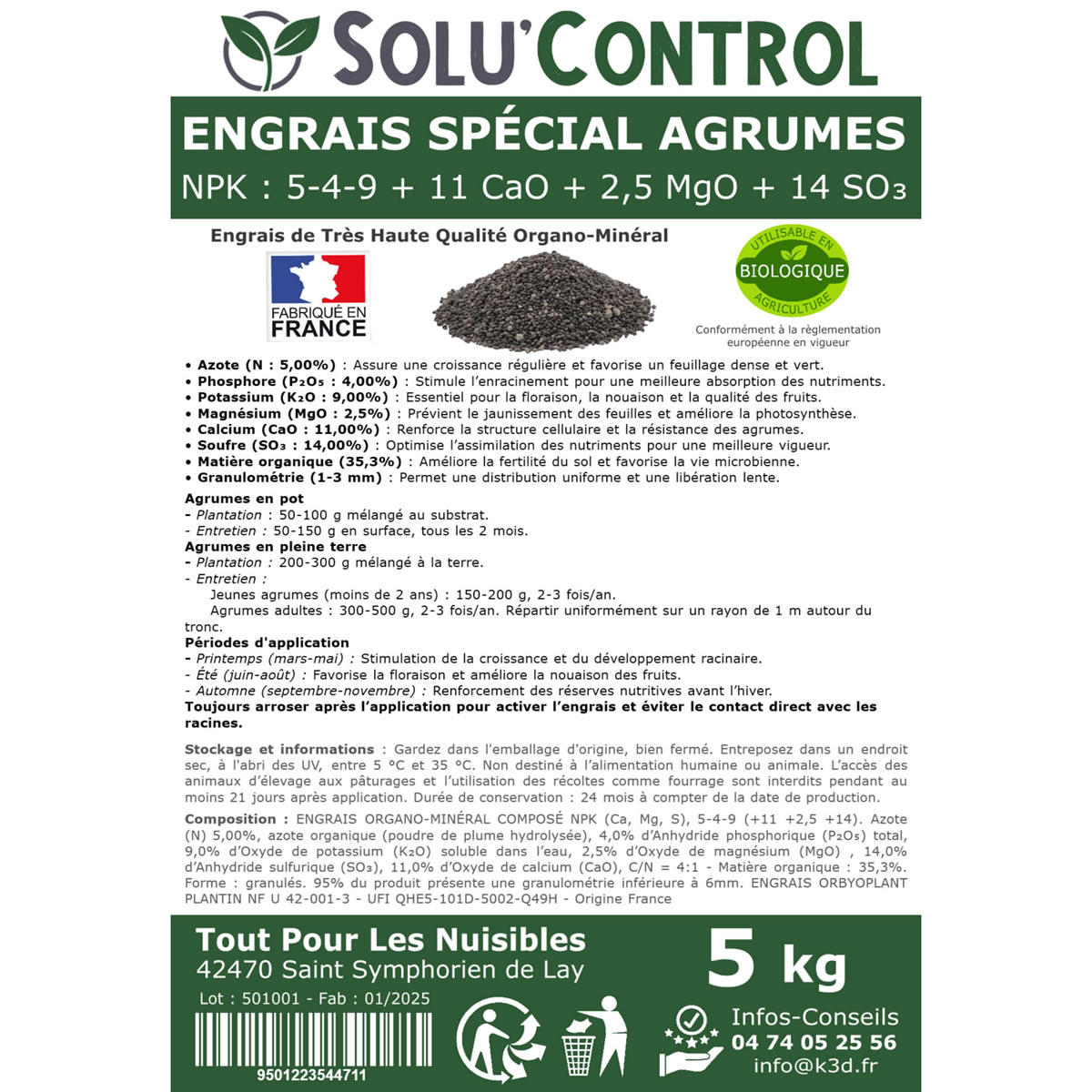 Engrais Spécial Agrumes- SoluControl - Formulation haute qualité Organo-Minerale