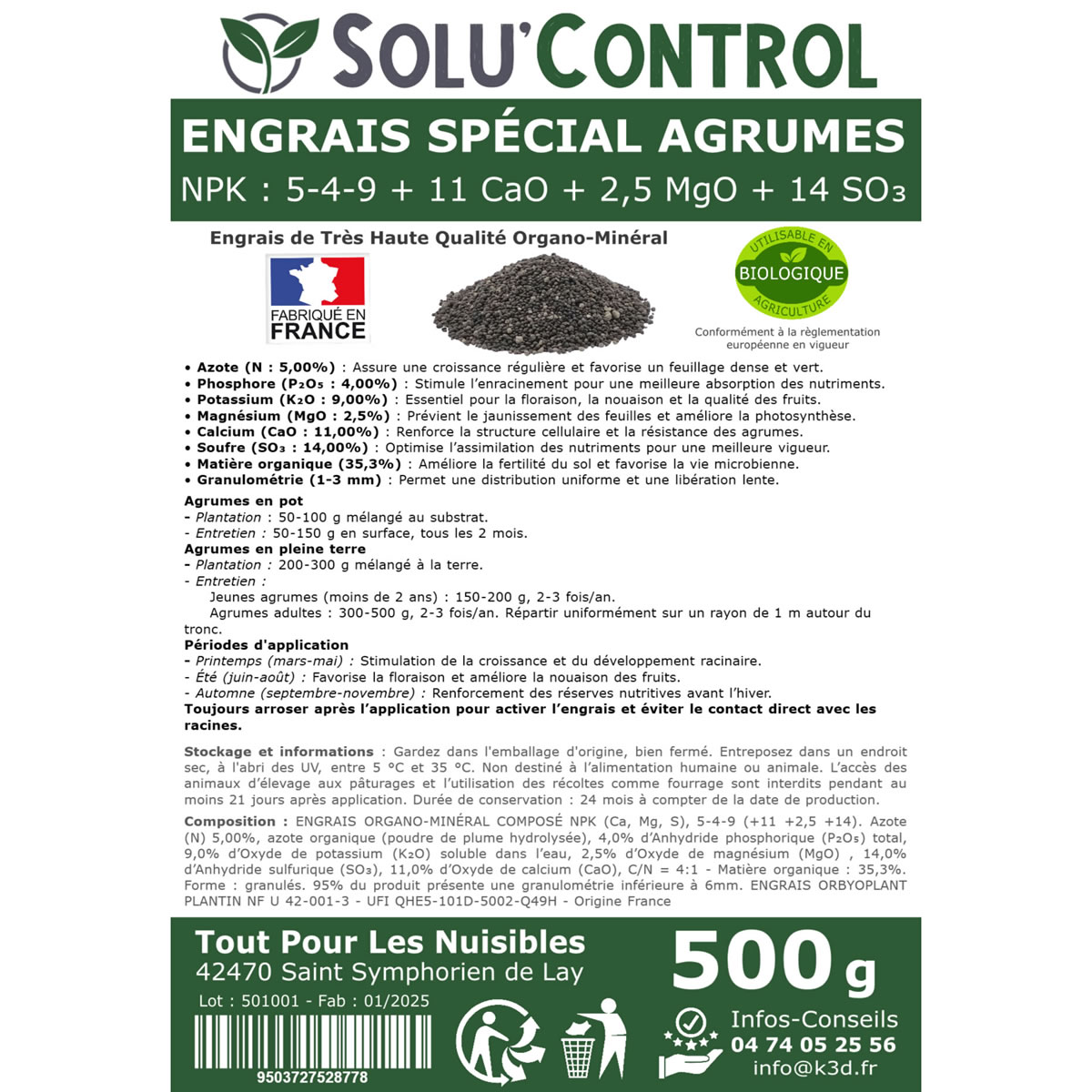 Engrais Spécial Agrumes- SoluControl - Formulation haute qualité Organo-Minerale