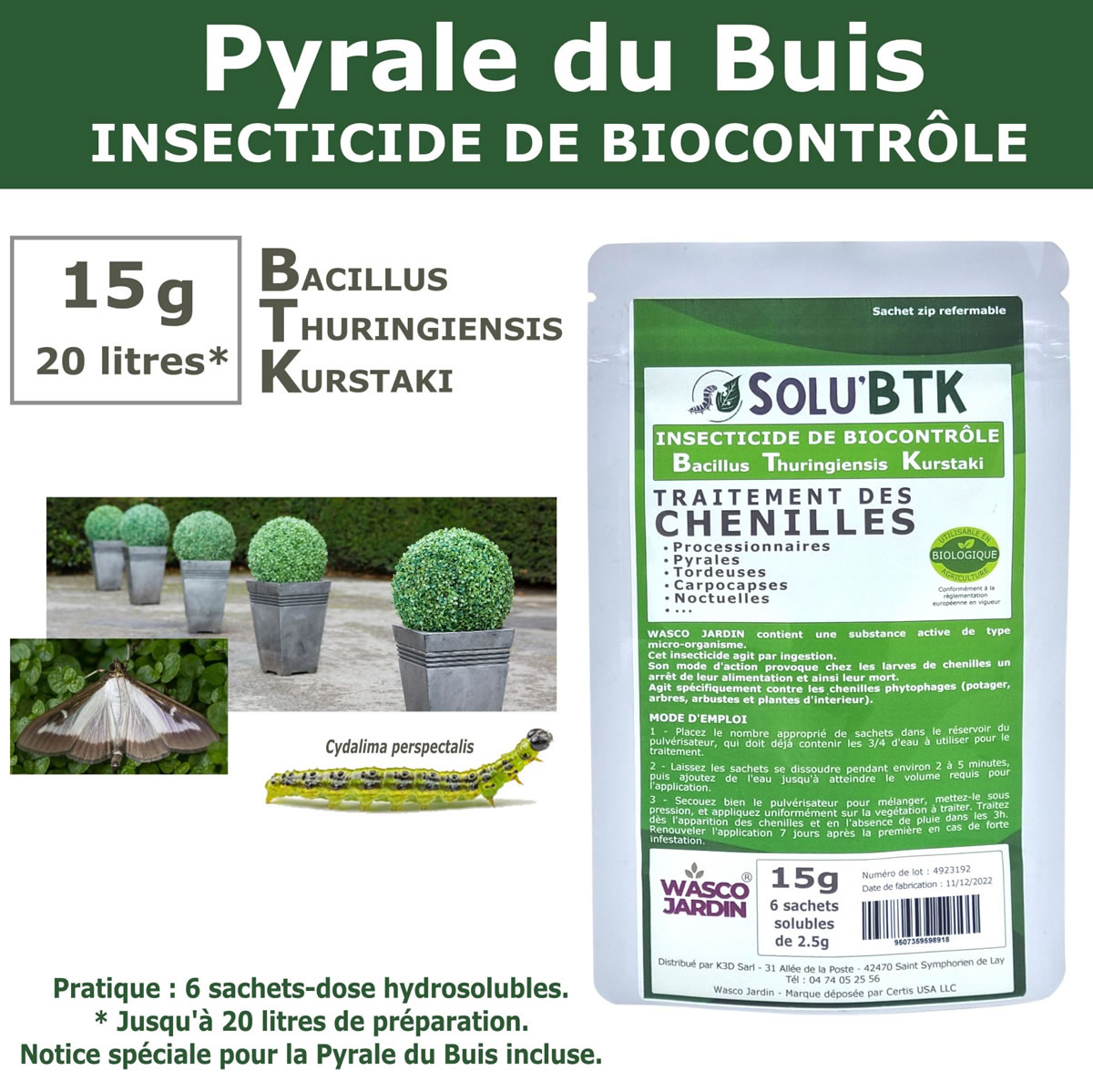 Insecticide BTK de biocontrôle contre les chenilles de la pyrale du buis, SOLU