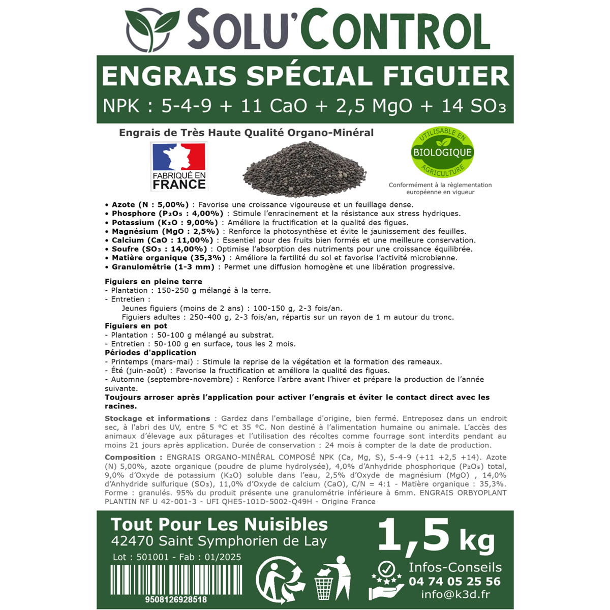 Engrais Spécial Figuier - SoluControl - Formulation haute qualité Organo-Minerale