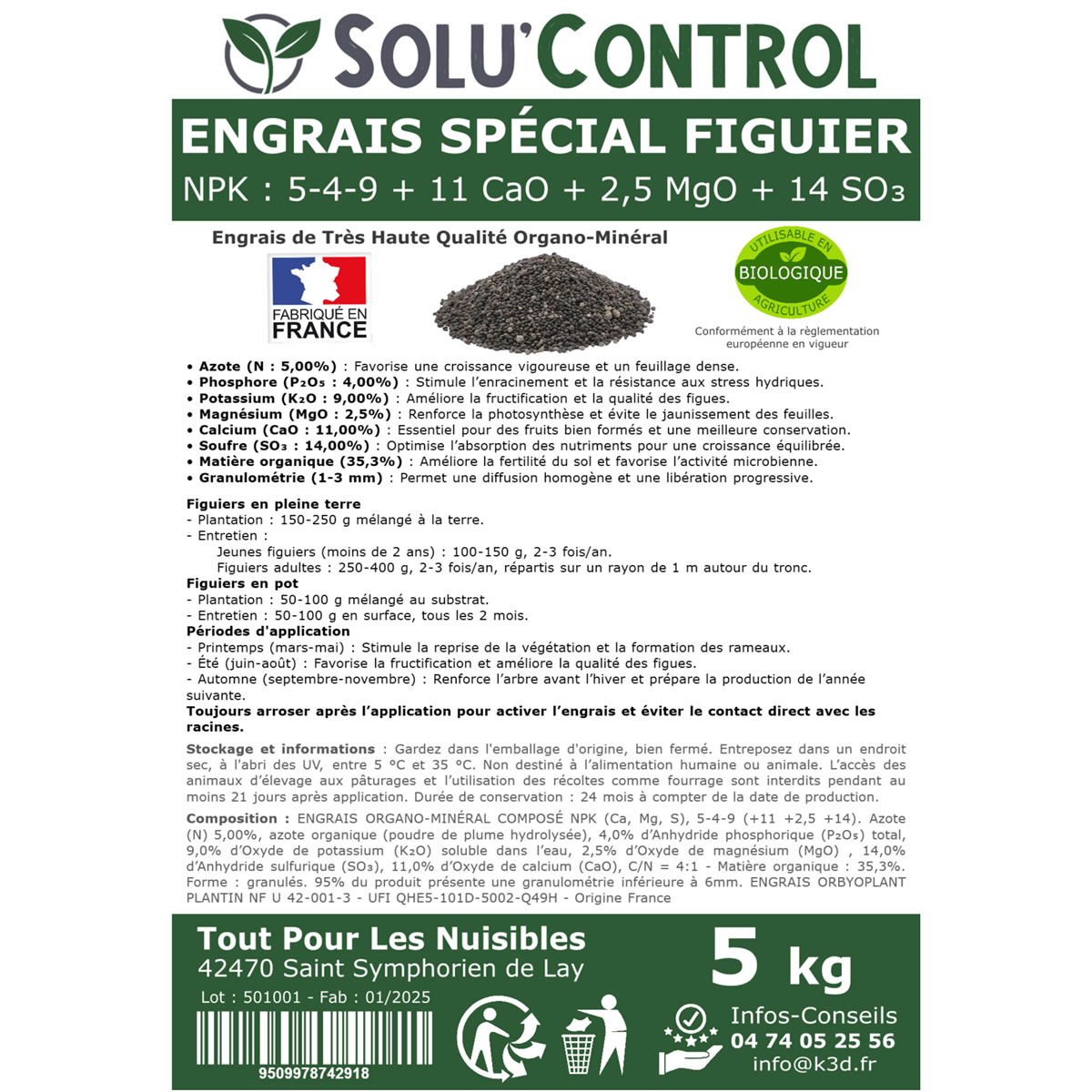 Engrais Spécial Figuier - SoluControl - Formulation haute qualité Organo-Minerale