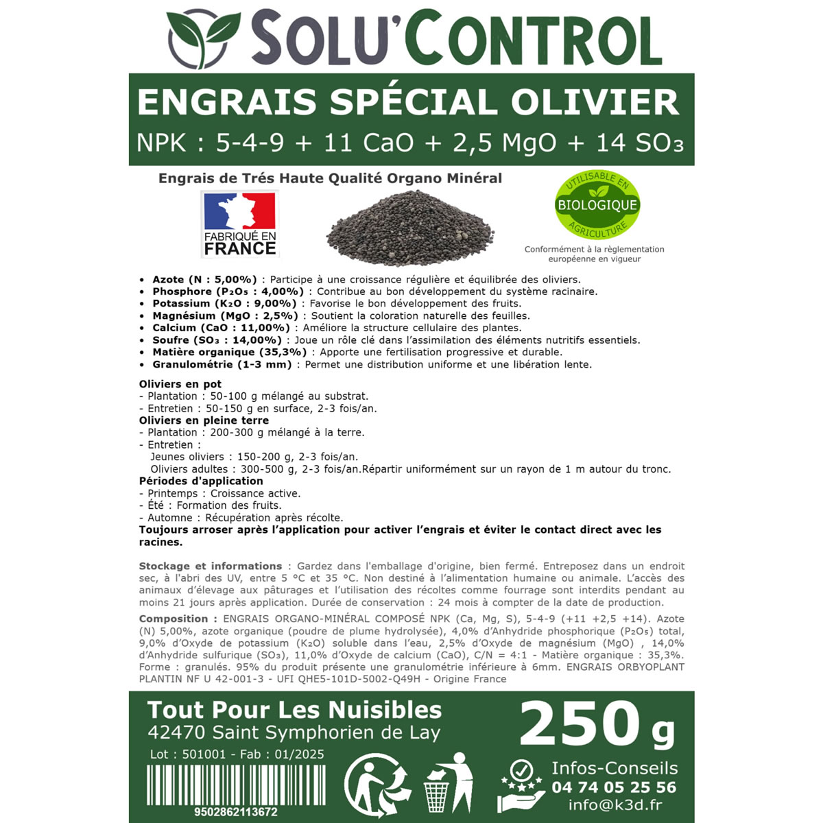 Engrais Spécial Olivier  - SoluControl - Formulation haute qualité Organo-Minerale