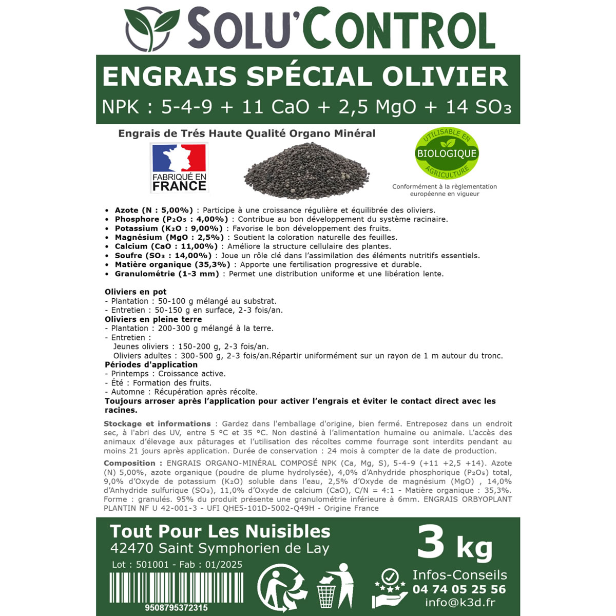 Engrais Spécial Olivier  - SoluControl - Formulation haute qualité Organo-Minerale