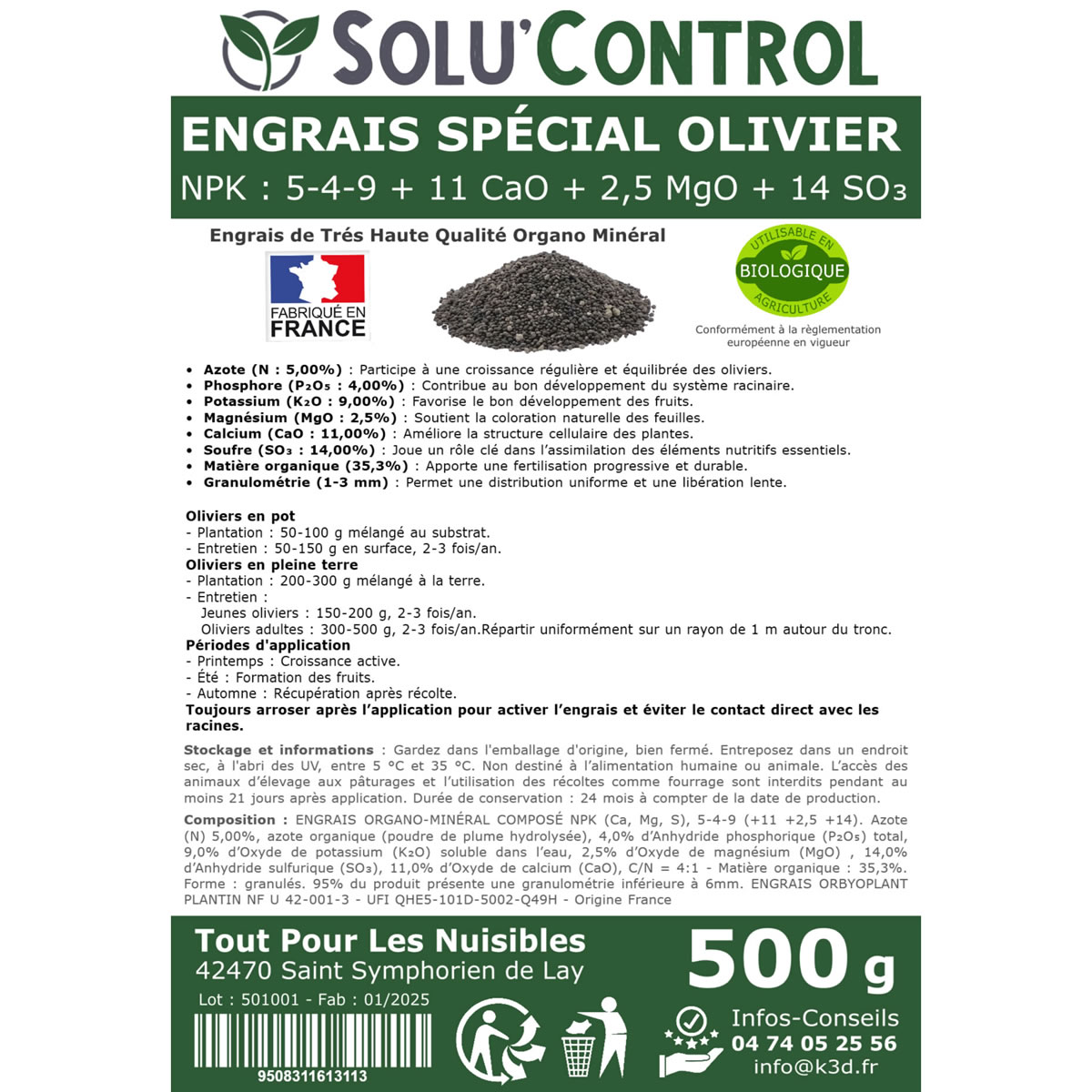 Engrais Spécial Olivier  - SoluControl - Formulation haute qualité Organo-Minerale