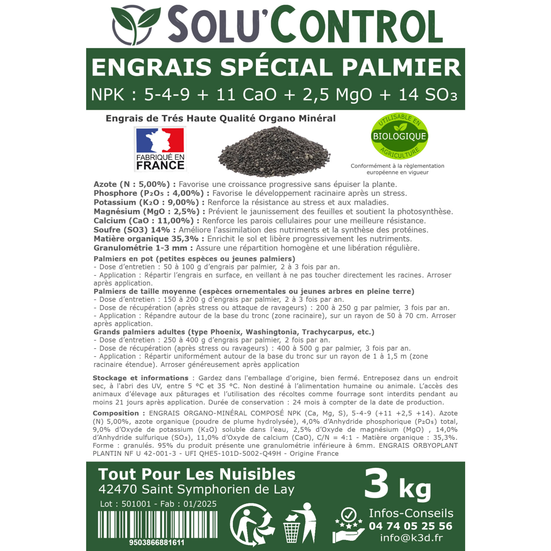 Engrais Spécial Palmier, SoluControl -  Formulation haute qualité Organo-Minerale - Idéal après attaque du charancon rouge ou du papillon du palmier.