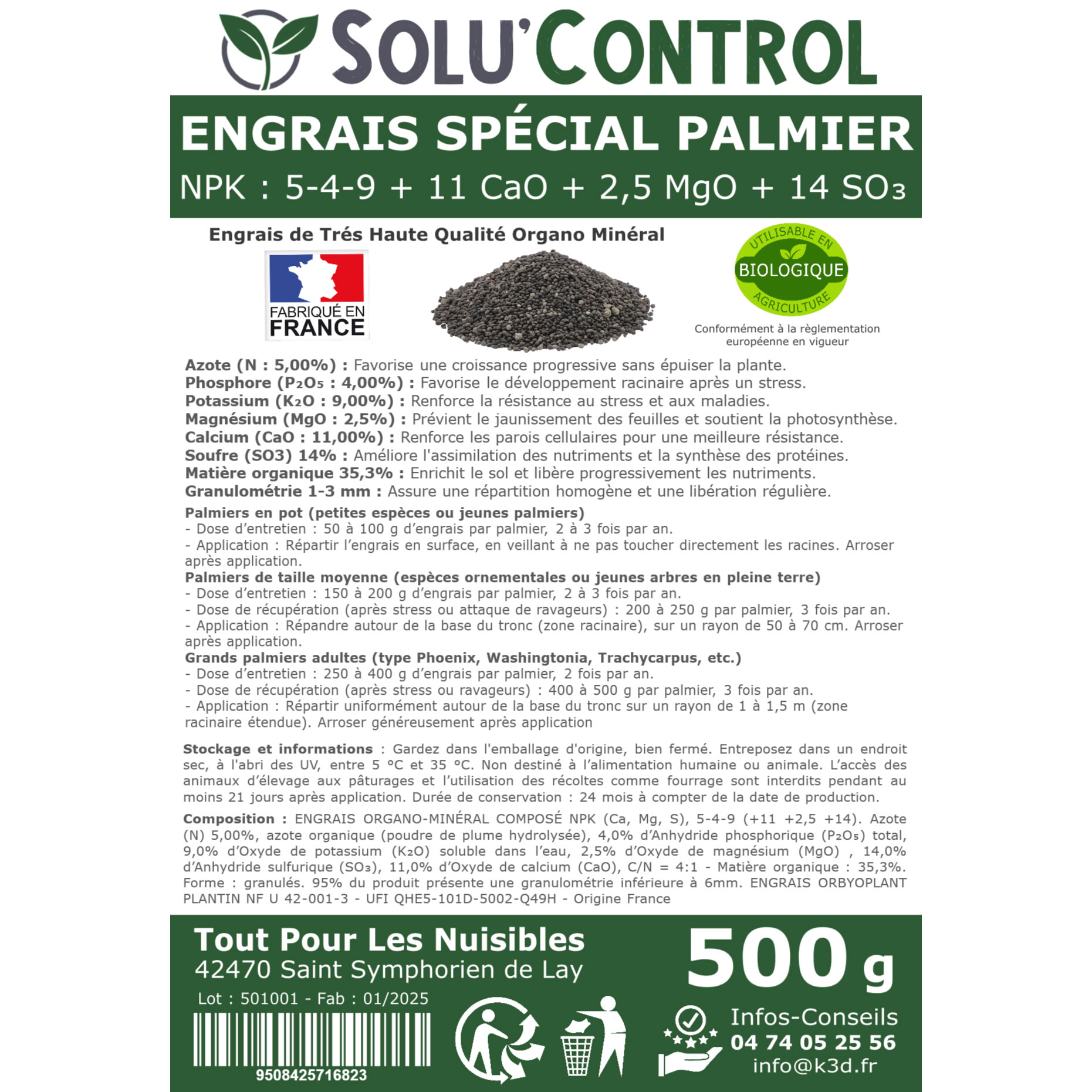 Engrais Spécial Palmier, SoluControl -  Formulation haute qualité Organo-Minerale - Idéal après attaque du charancon rouge ou du papillon du palmier.
