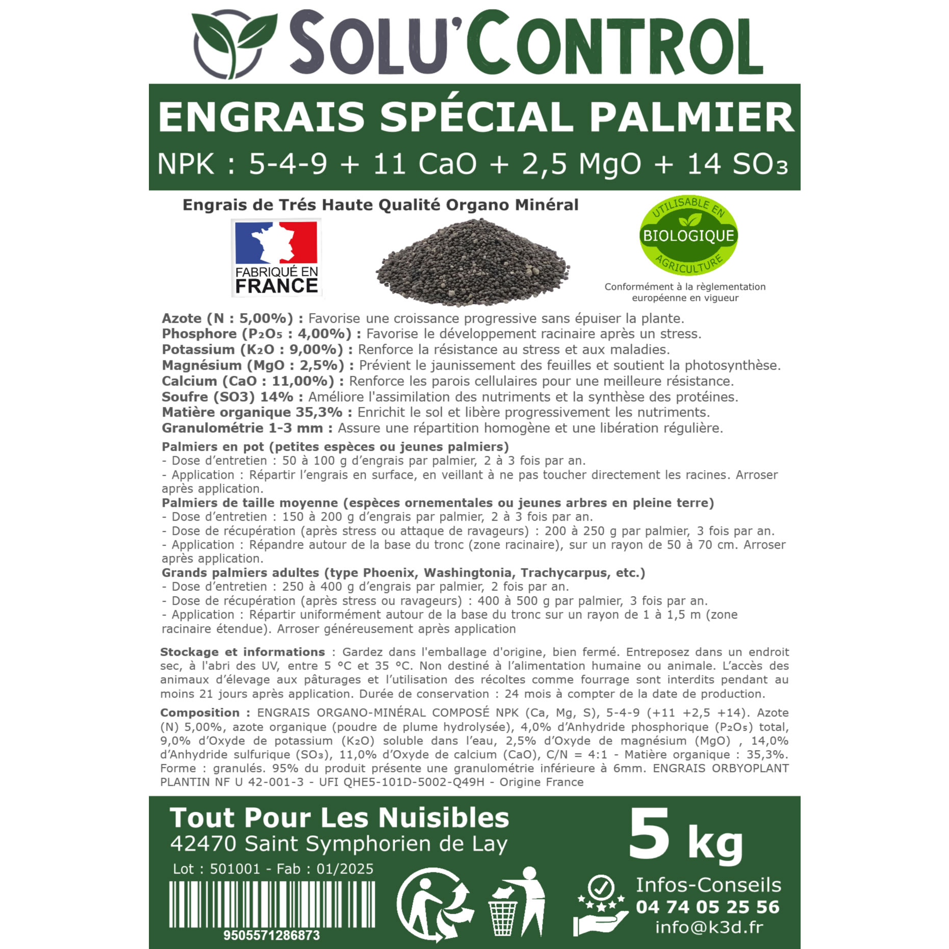 Engrais Spécial Palmier, SoluControl -  Formulation haute qualité Organo-Minerale - Idéal après attaque du charancon rouge ou du papillon du palmier.