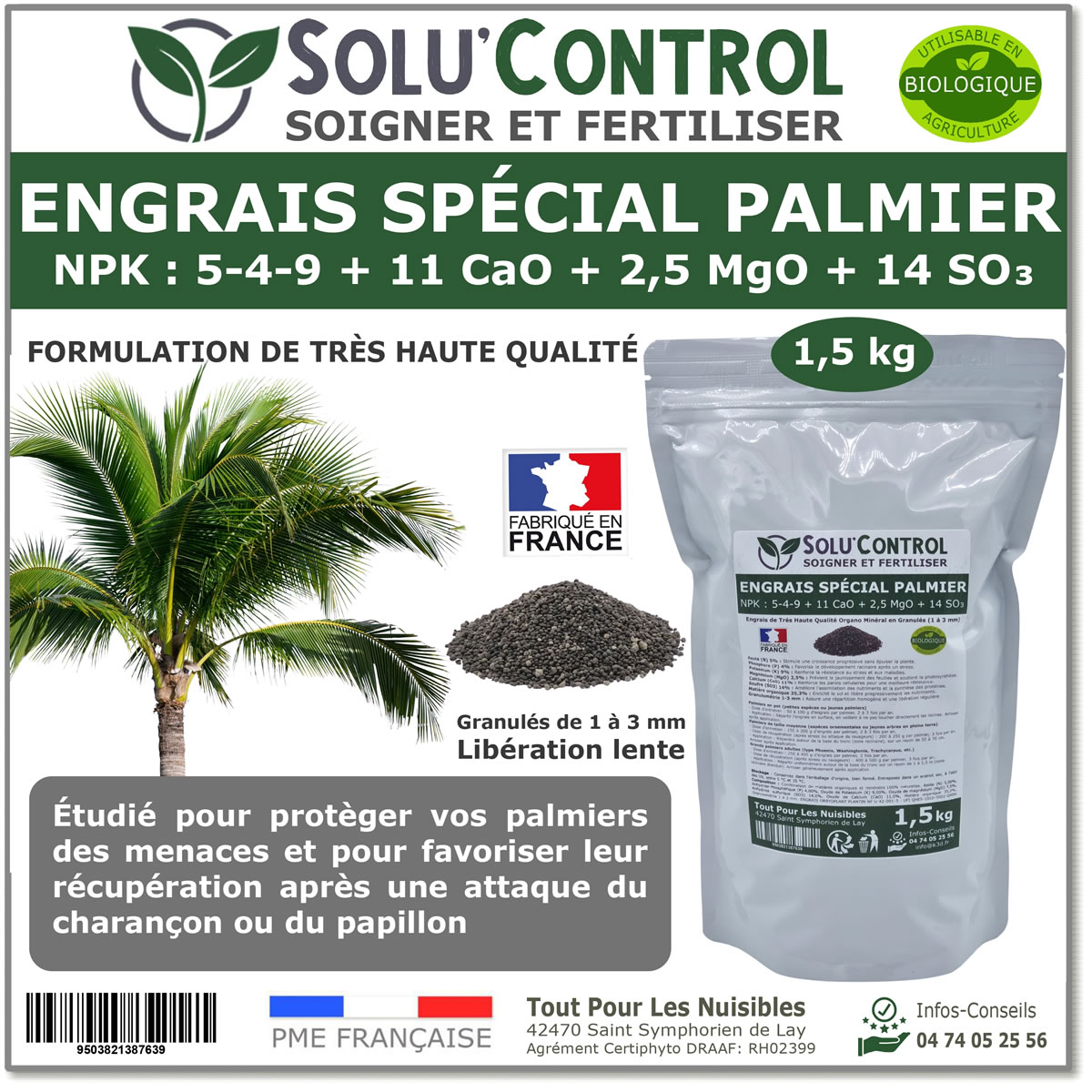 Engrais Spécial Palmier, SoluControl -  Formulation haute qualité Organo-Minerale - Idéal après attaque du charancon rouge ou du papillon du palmier.