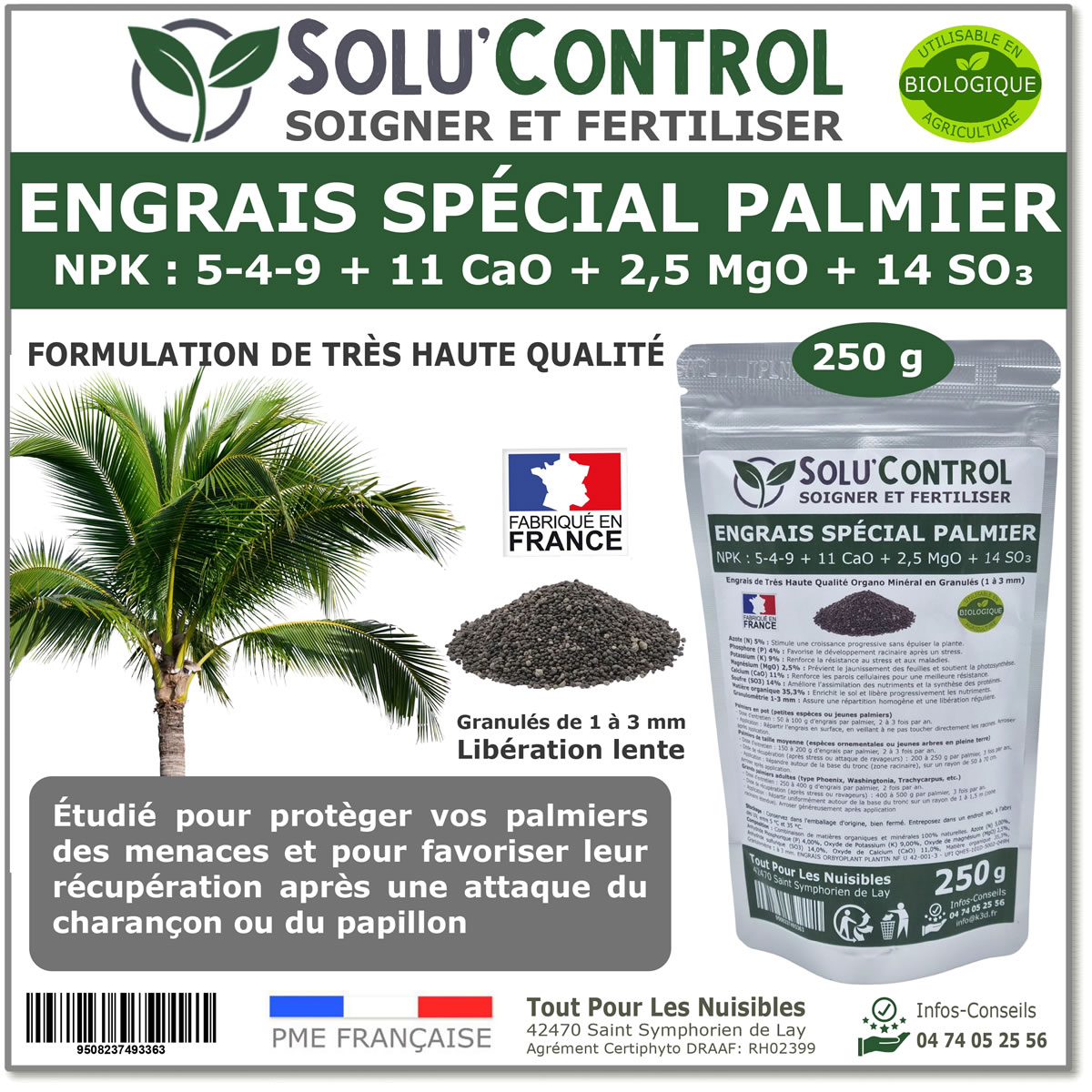 Engrais Spécial Palmier, SoluControl -  Formulation haute qualité Organo-Minerale - Idéal après attaque du charancon rouge ou du papillon du palmier.