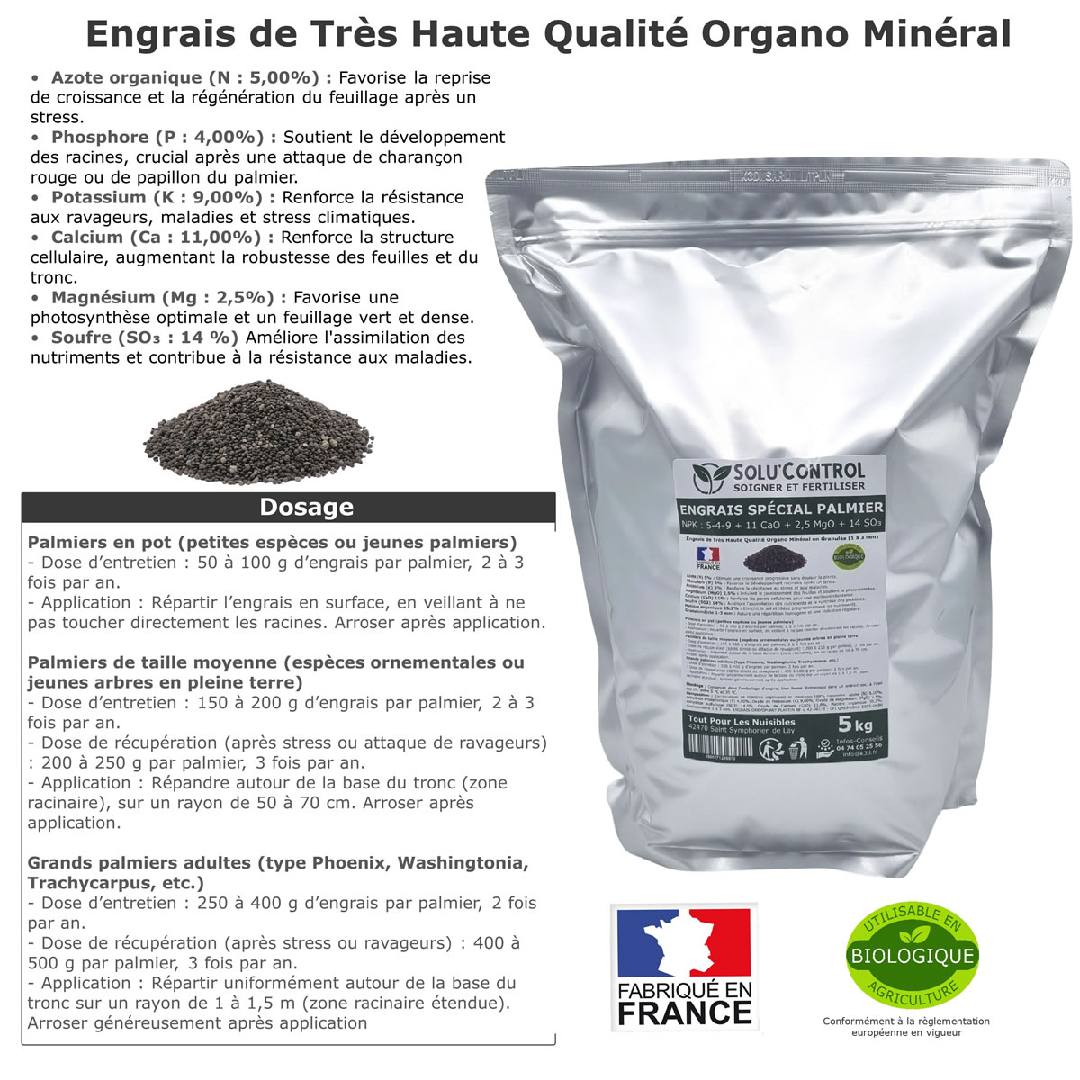 Engrais Spécial Palmier, SoluControl -  Formulation haute qualité Organo-Minerale - Idéal après attaque du charancon rouge ou du papillon du palmier.