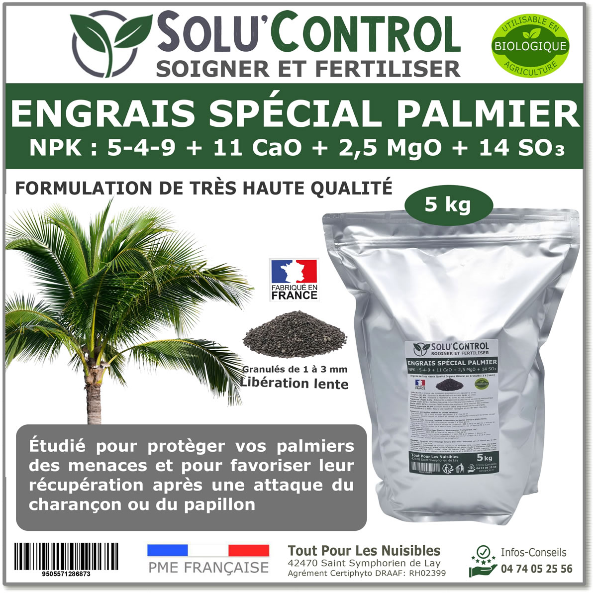 Engrais Spécial Palmier, SoluControl -  Formulation haute qualité Organo-Minerale - Idéal après attaque du charancon rouge ou du papillon du palmier.