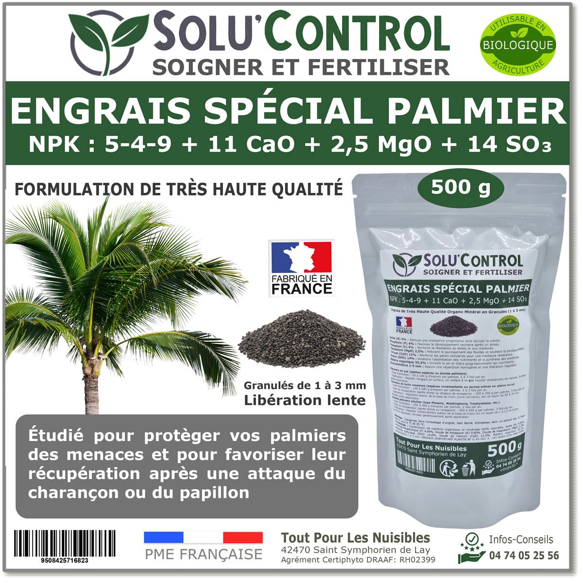 Engrais Spécial Palmier, SoluControl -  Formulation haute qualité Organo-Minerale - Idéal après attaque du charancon rouge ou du papillon du palmier.