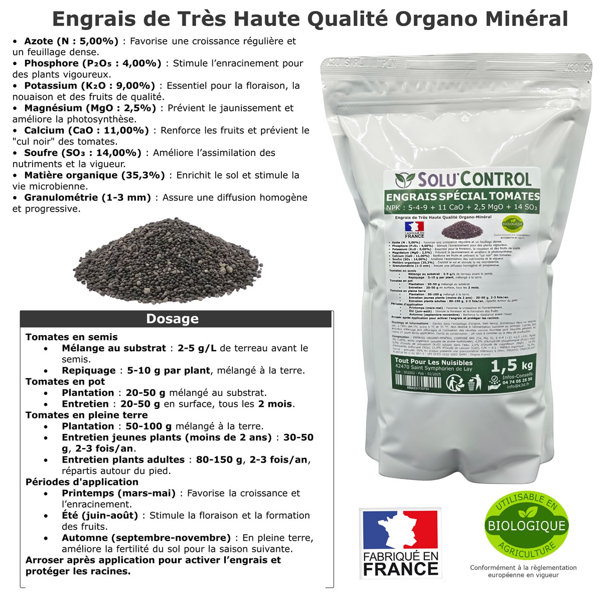 Engrais Spécial Tomates, Aubergines, Poivrons, Piments,, SoluControl - Formulation haute qualité Organo-Minerale - Idéal après attaque de la chenille de la Pyrale ou maladies du buis