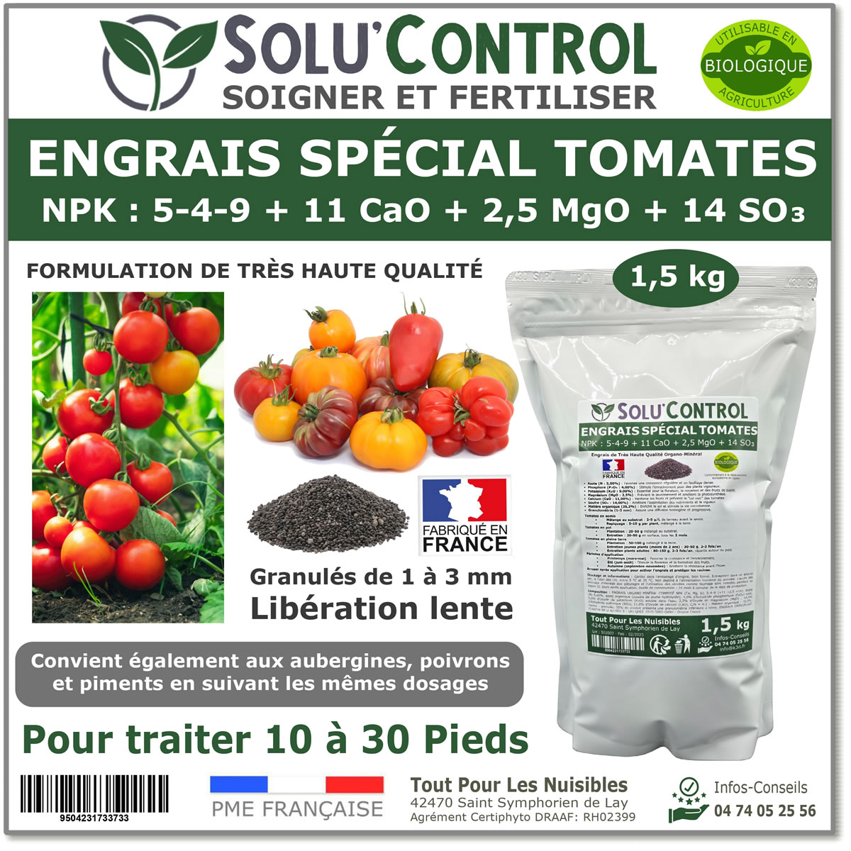 Engrais Spécial Tomates, Aubergines, Poivrons, Piments,, SoluControl - Formulation haute qualité Organo-Minerale - Idéal après attaque de la chenille de la Pyrale ou maladies du buis