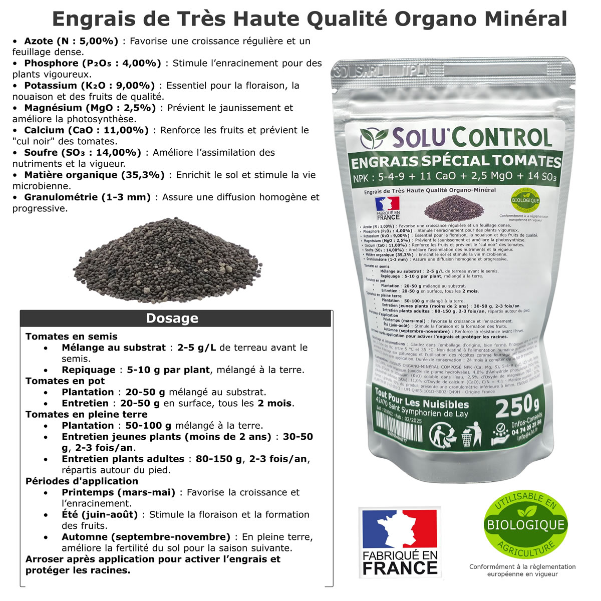 Engrais Spécial Tomates, Aubergines, Poivrons, Piments,, SoluControl - Formulation haute qualité Organo-Minerale - Idéal après attaque de la chenille de la Pyrale ou maladies du buis