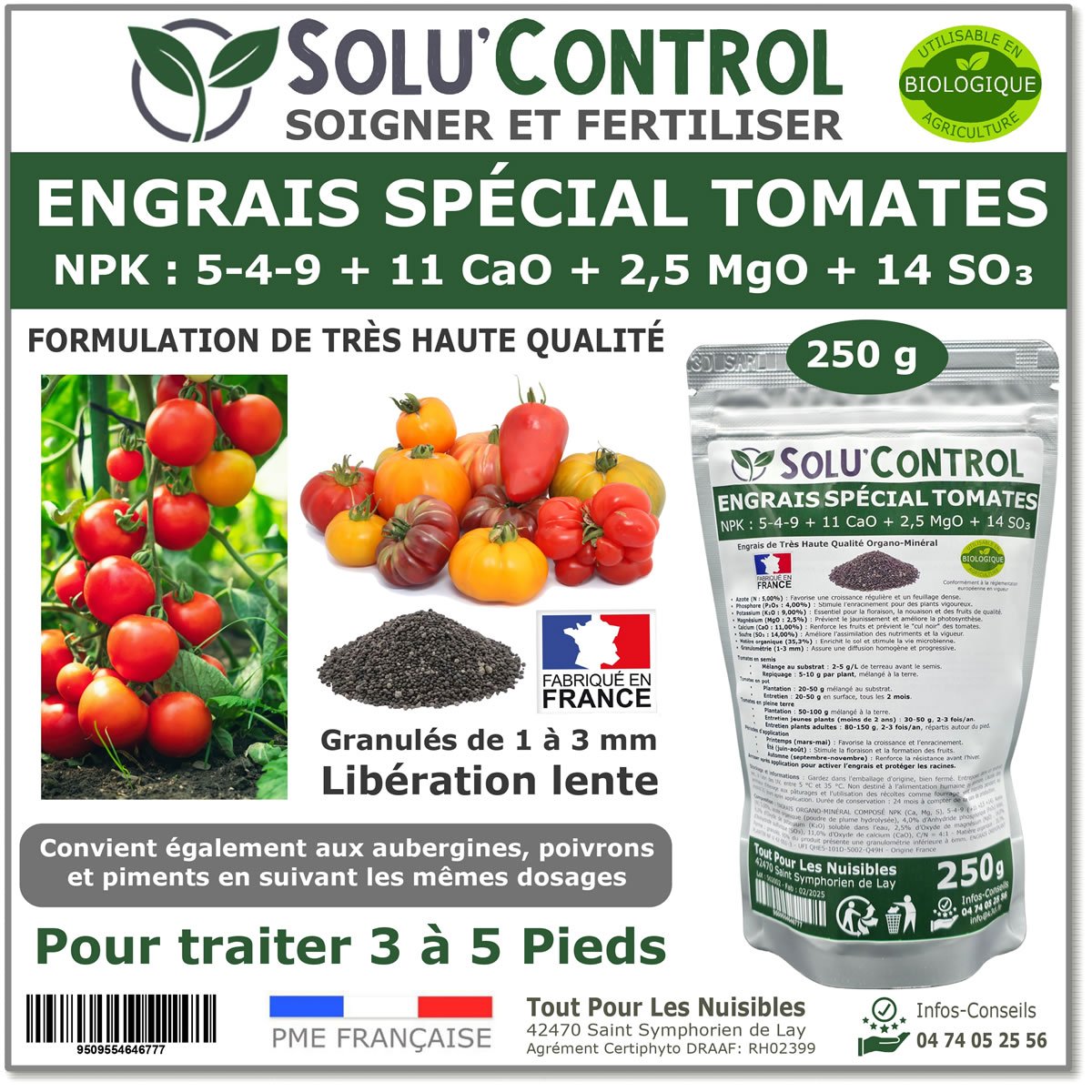 Engrais Spécial Tomates, Aubergines, Poivrons, Piments,, SoluControl - Formulation haute qualité Organo-Minerale - Idéal après attaque de la chenille de la Pyrale ou maladies du buis