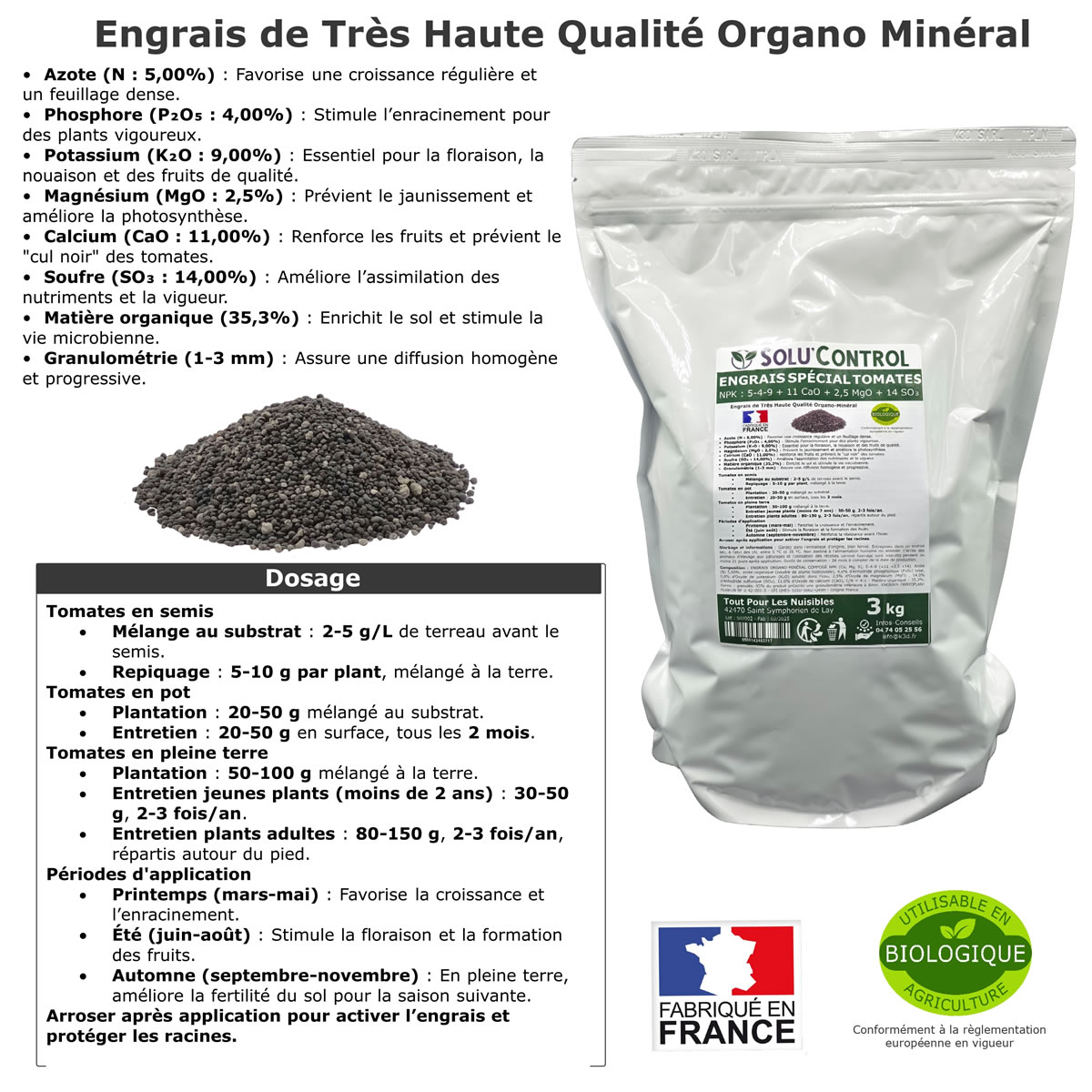 Engrais Spécial Tomates, Aubergines, Poivrons, Piments,, SoluControl - Formulation haute qualité Organo-Minerale - Idéal après attaque de la chenille de la Pyrale ou maladies du buis