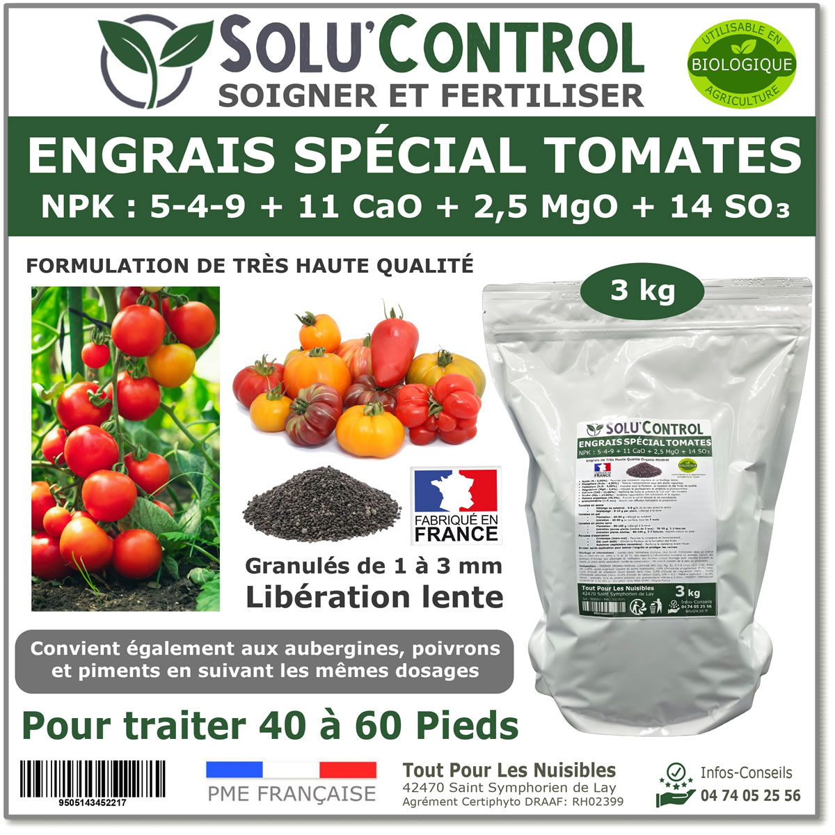 Engrais Spécial Tomates, Aubergines, Poivrons, Piments,, SoluControl - Formulation haute qualité Organo-Minerale - Idéal après attaque de la chenille de la Pyrale ou maladies du buis