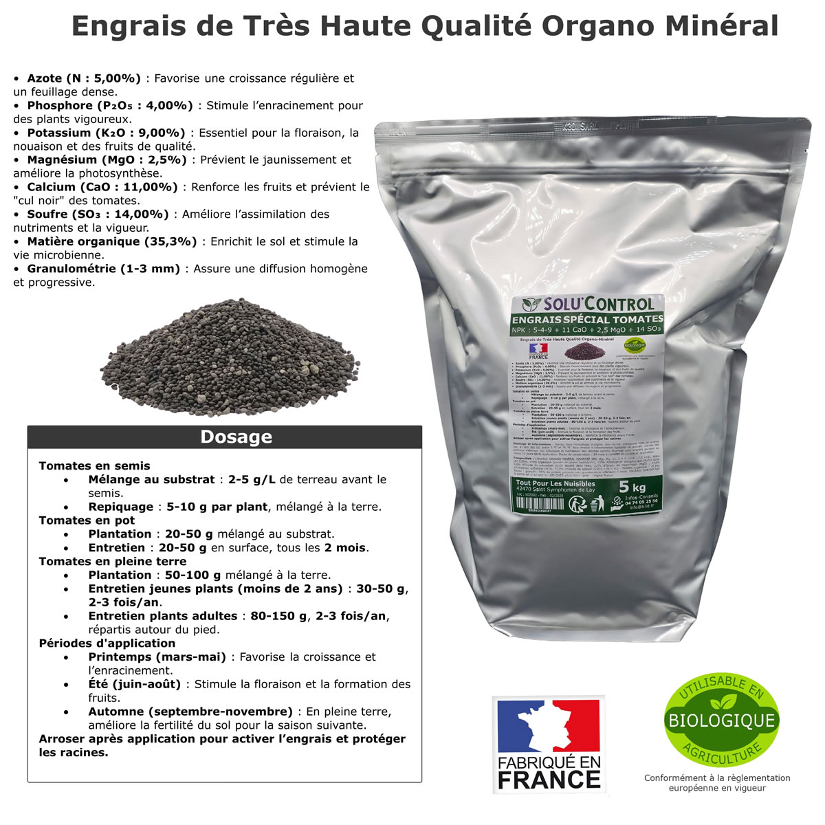 Engrais Spécial Tomates, Aubergines, Poivrons, Piments,, SoluControl - Formulation haute qualité Organo-Minerale - Idéal après attaque de la chenille de la Pyrale ou maladies du buis