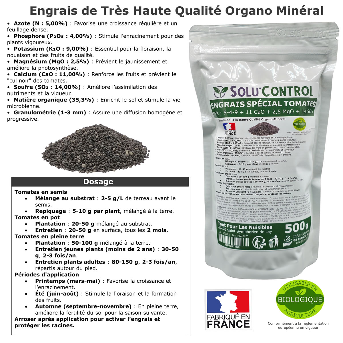 Engrais Spécial Tomates, Aubergines, Poivrons, Piments,, SoluControl - Formulation haute qualité Organo-Minerale - Idéal après attaque de la chenille de la Pyrale ou maladies du buis