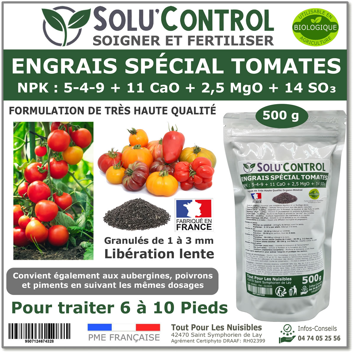 Engrais Spécial Tomates, Aubergines, Poivrons, Piments,, SoluControl - Formulation haute qualité Organo-Minerale - Idéal après attaque de la chenille de la Pyrale ou maladies du buis