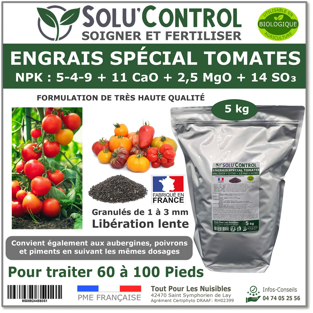 Engrais Spécial Tomates, Aubergines, Poivrons, Piments,, SoluControl - Formulation haute qualité Organo-Minerale - Idéal après attaque de la chenille de la Pyrale ou maladies du buis