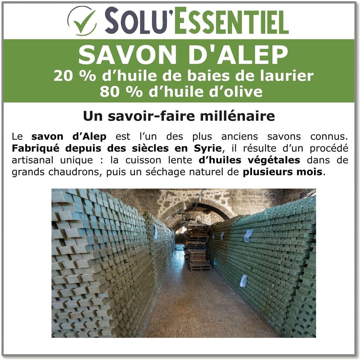 Savon d’Alep 20% huile de baies de laurier – 80% huile d’olive – Fabrication traditionnelle syrienne – Naturel, doux, adapté peaux sensibles, atopiques et réactives - Savon de 200g